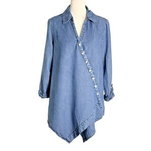 T & W Designs Chambray Tencel Tunic Size XL Diagonal Pearl Button Asym Hem